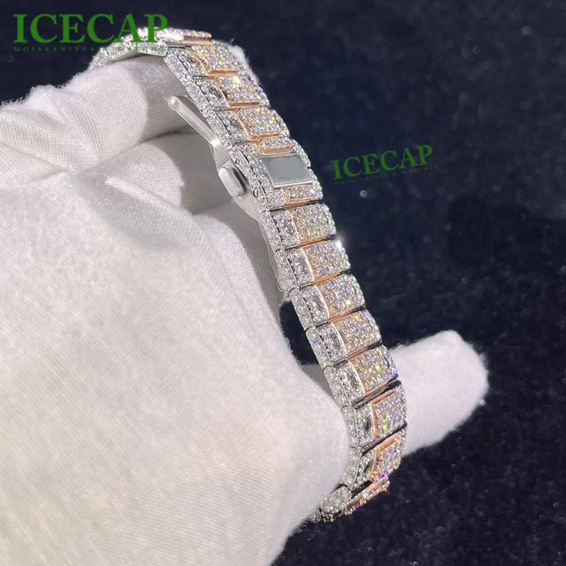 bust down 41mm two tone rose gold square dial custom mechanical watch iced out diamond luxury vvs moissanite watches for men