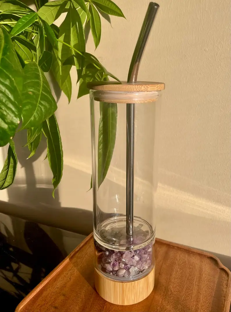 New Style Crystal Water Bottle Quartz Chips Glass Tumbler Cup With Metal Straw