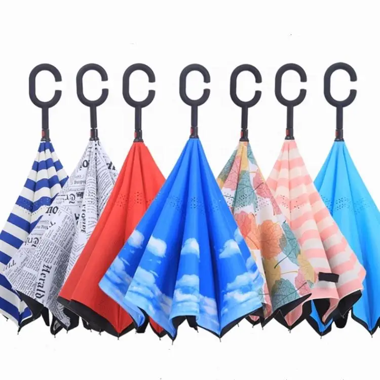 Wholesale Reverse Cheaper Capsule Rain Fiberglass Umbrella with C Handle Custom logo Inverted