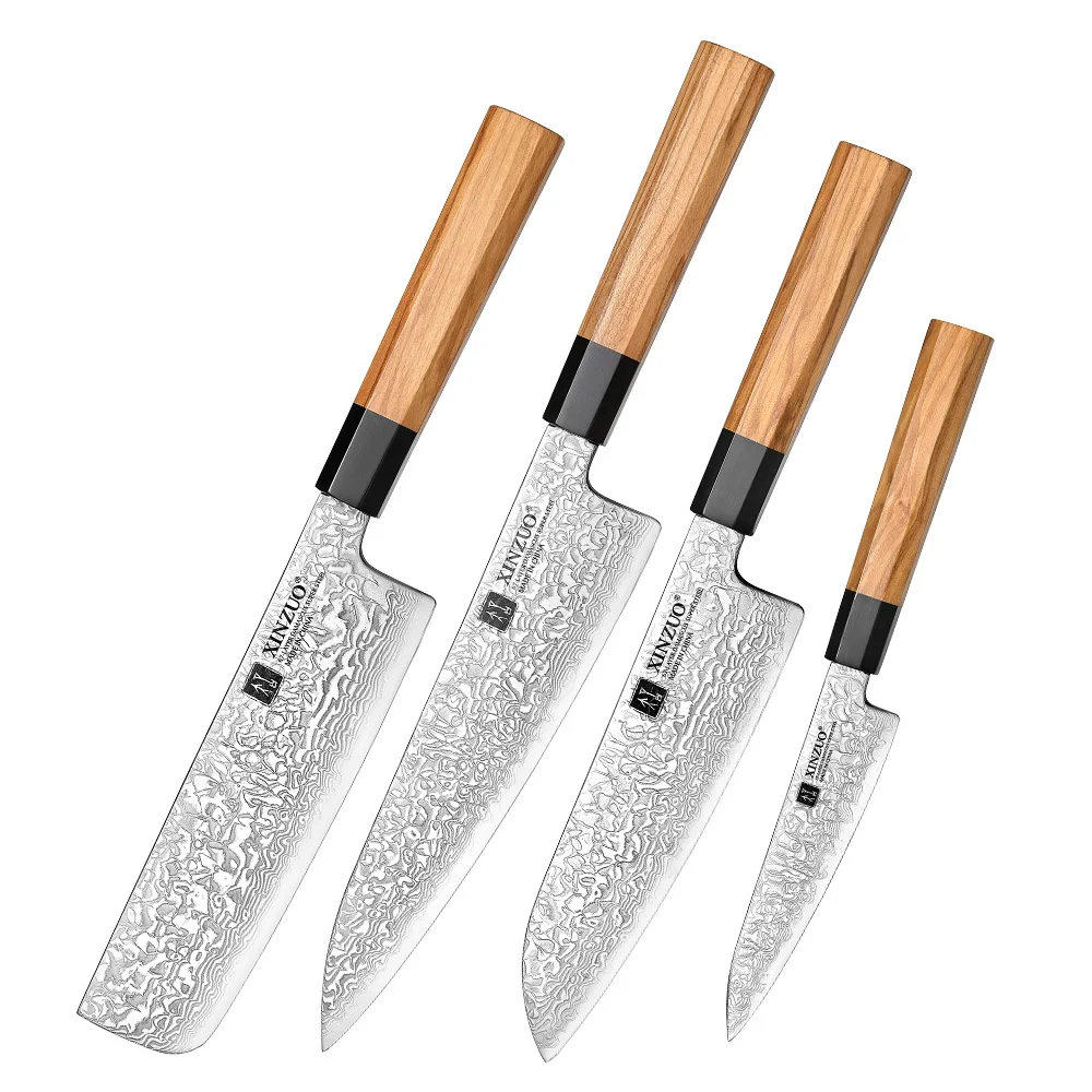 XINZUO New 4 PCS Chef Knife Set High Quality Damascus Steel Olive Wood Handle Kitchen Knives