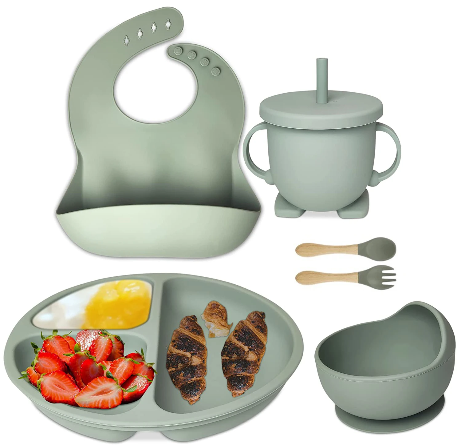 Bpa Free Custom Logo Kids Baby Feeding Set Silicone Suction Bowl Plate Bib Cutlery Silicone set for babies