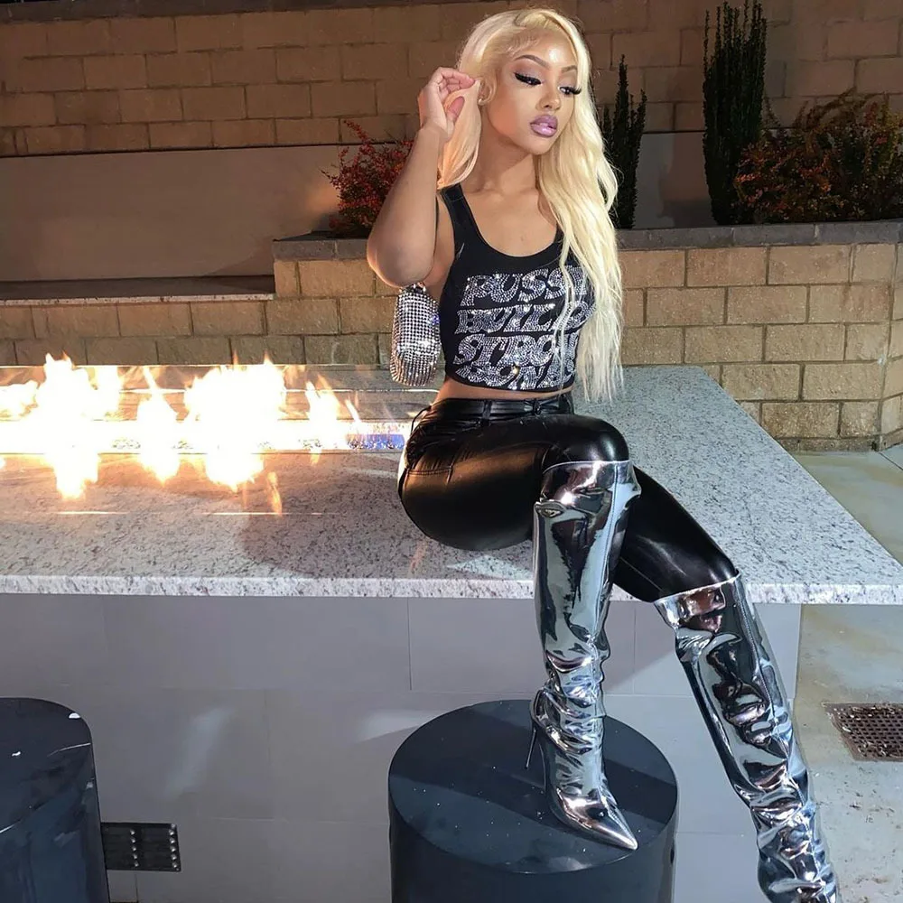 Woman Clothing Fashion Pussy Builds Strong Bones New Vest Hot Drill Tank Top U Neck Sleeveless Street Sexy Skinny Plain Top