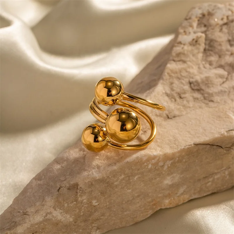 2023 Fashion Jewelry 18K Gold Plated Open Ring Stainless Steel Adjustable Three Ball Geometric Ring