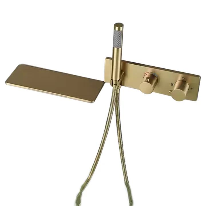 Wall Mounted Tub Faucet Bathroom Brushed Gold Brass Thermostatic Bathtub Faucet with Shower Head