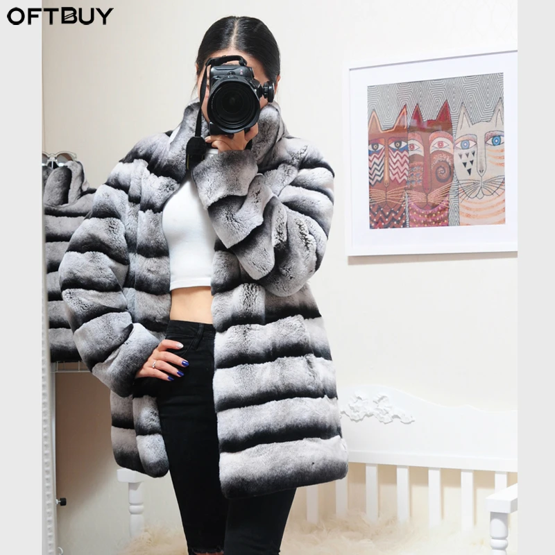 Женская Удлиненная шуба из натур. Меха OFTBUY повседневная утолщенная натурального меха кролика Рекс с воротником-стойкой зима