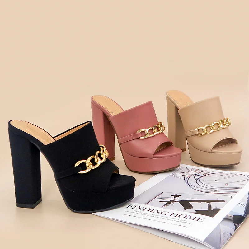 2021 slip on chain platform chunky high heels women slipper sandals for women and ladies