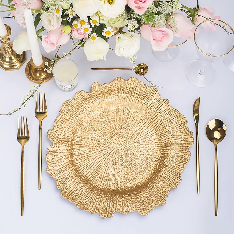 
wholesale designer silver pink black plastic rose gold glass coral charger plates wedding decoration dinner luxury plate charger 