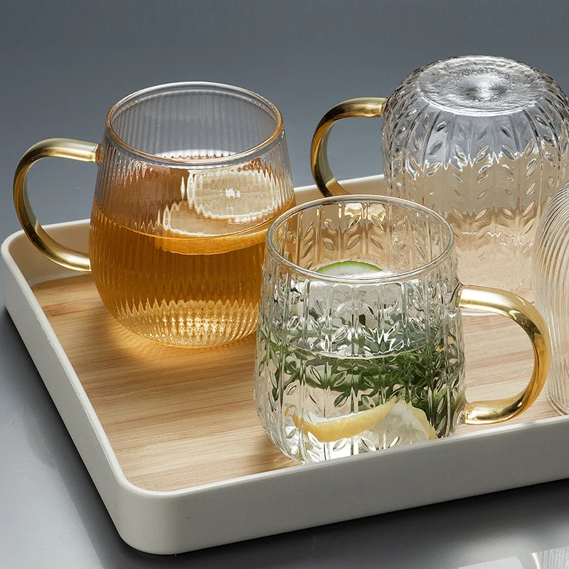 Hammer Grain Glass Cup Gold Handle Handblown High Borosilicate Glass Mug With Bamboo Lid