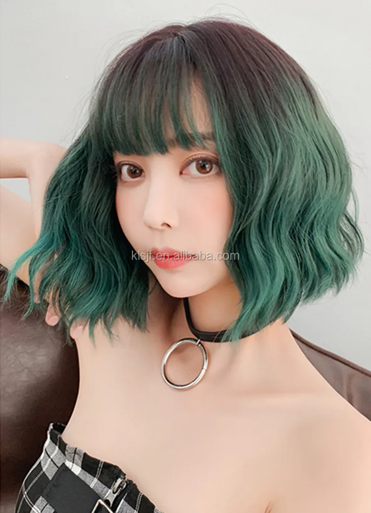 
Short Wigs with Bangs Ombre Gray to Green Wavy Curly Shoulder Length Synthetic Wig 