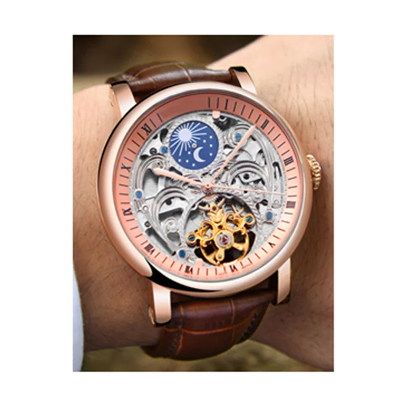 Latest cow leather strap all hollow moon phase waterproof men mechanical wristwatch