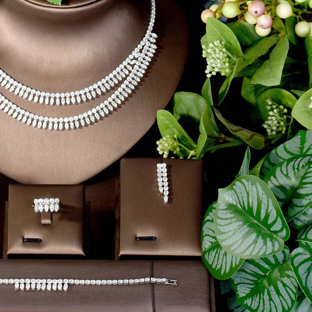 Deluxe Chic Stacked Tassel Necklace Peplum Earrings Cubic Zirconia Bridal Costume Wedding Party Accessories Set S-156