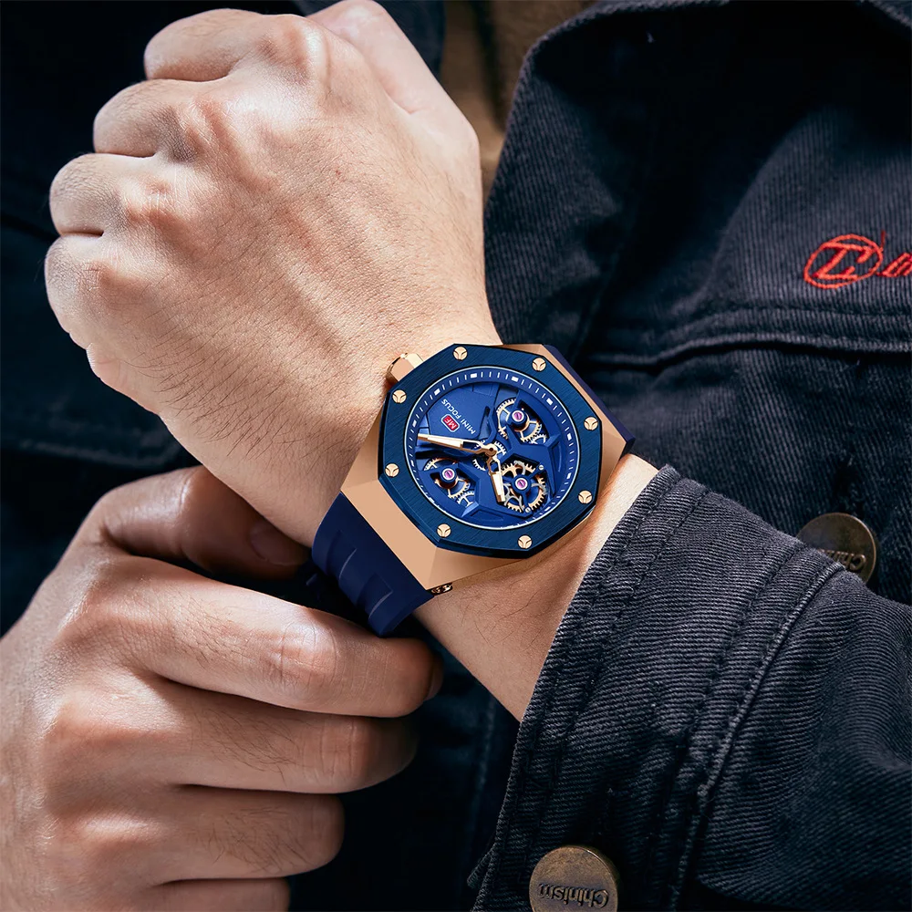 Mini Focus MF0422G Wholesale Blue Gents Quartz Watch Stylish Silicone Band Water Proof Skeleton Vintage Casual Wrist Watch