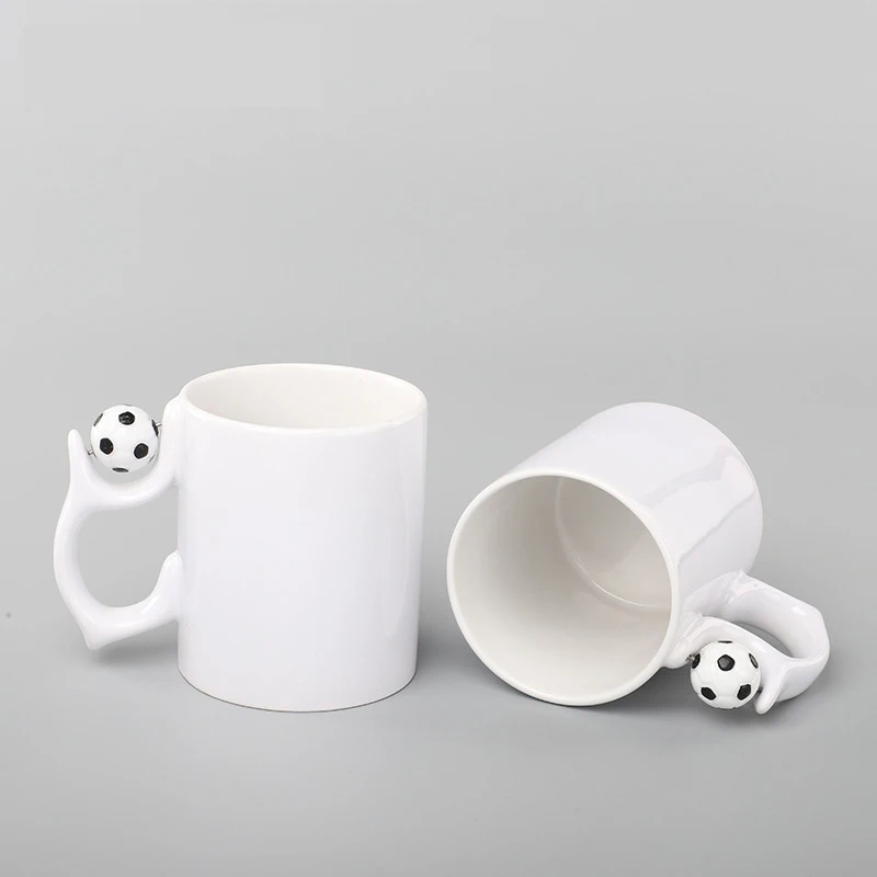 RubySub Hot Selling 11oz Football Handle Sublimation Blank Mugs White Ceramic Cup Mug with Ball Handle