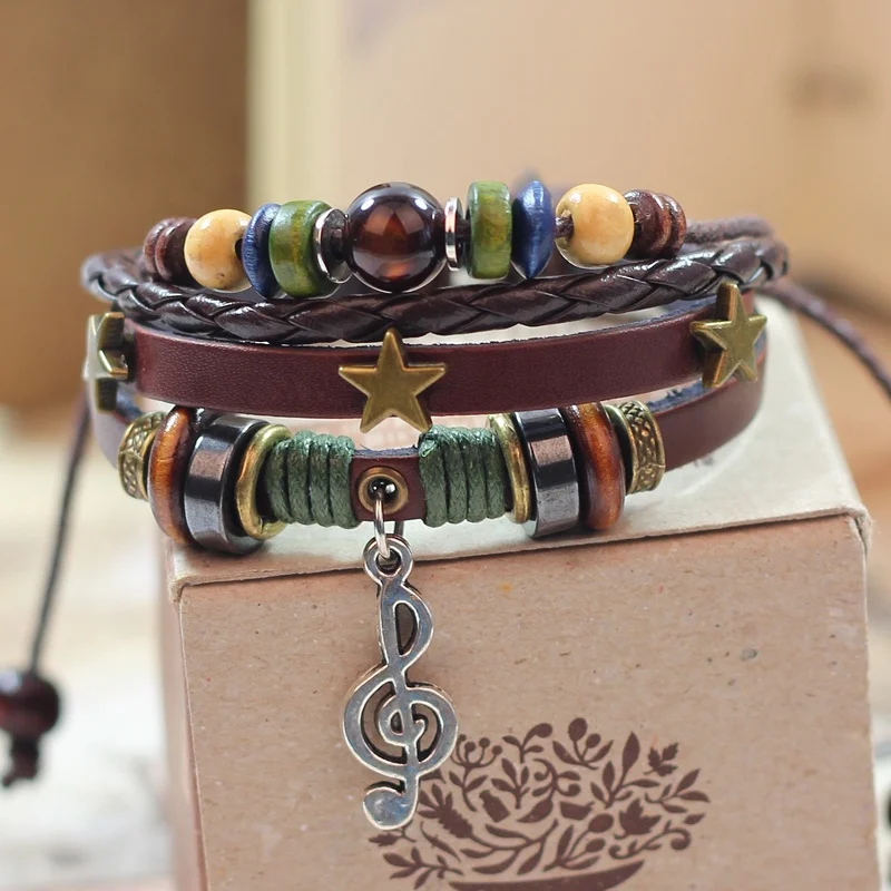 Women men crystal bead wood beads hemp rope braided multilayer metal stars leather bracelet with musical note pendant