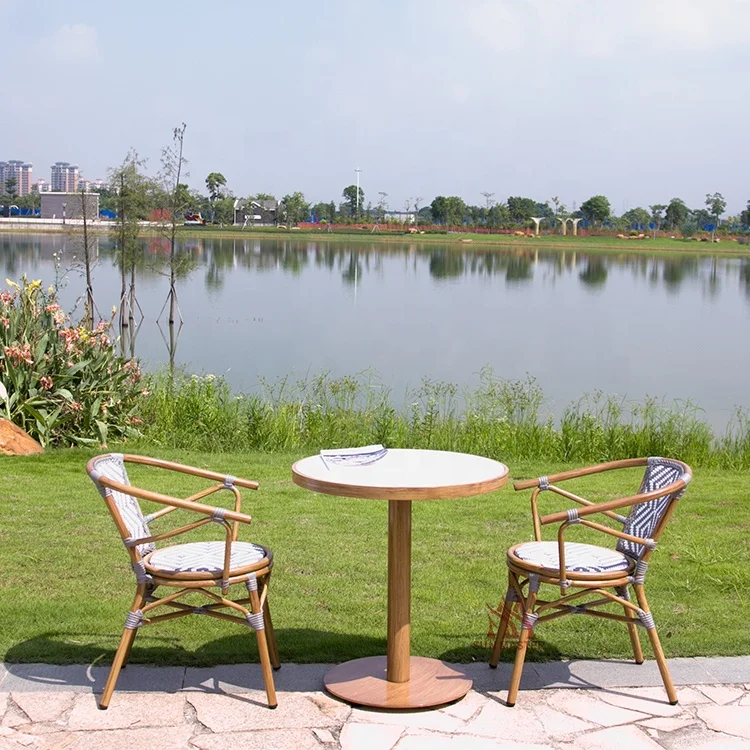 Modern Outdoor Furniture French Bistro Rattan Wicker Stackable Metal Chair Cafe Garden Patio Terrace Chair And Table Dining Set