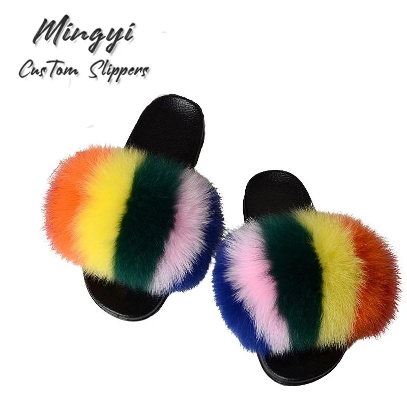 Manufacturer Fur Slides Embossed Custom logo Slippers Women Real Fluffy Fur Slippers