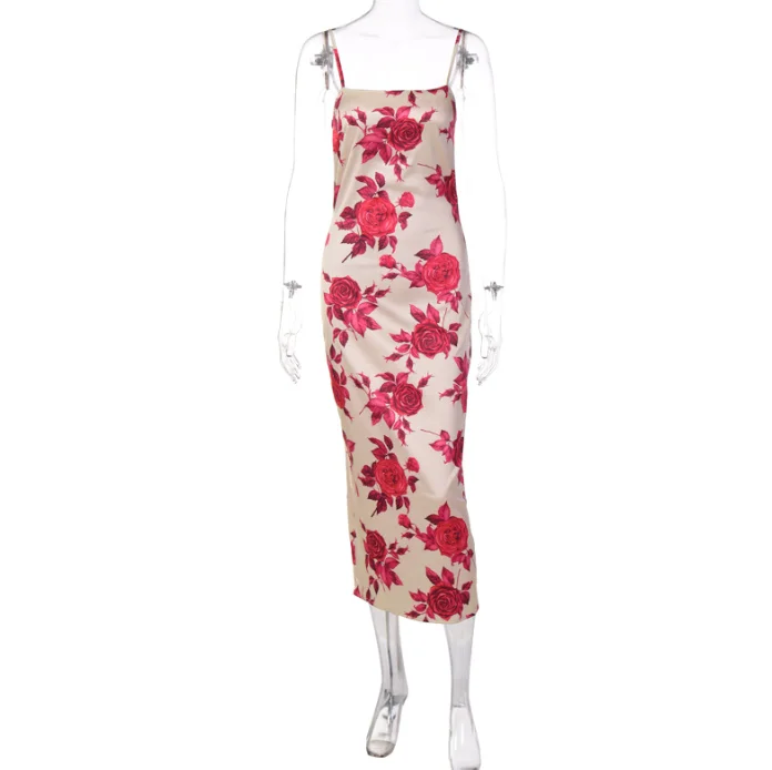 Elegant rose print maxi dress 2022 new fashion casual vacation wear Spaghetti Strap Floral long dress women summer