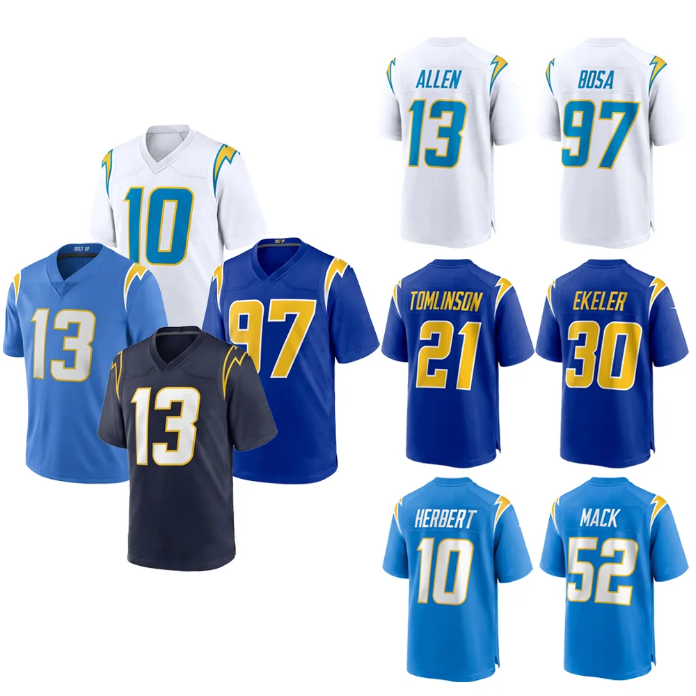 Сшитая Американская Футбольная майка Los Angeles 10 Justin Herbert 33 James Jr 30 Austin Ekeler 13 Keenan Allen 97 Bosa