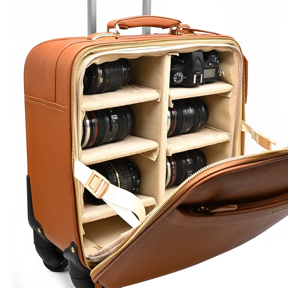 2 in 1 Convertible Leather Rolling DSLR Cameras and Lenses Bag Luggage SuitCase With Removable Anti-Shock Dividers