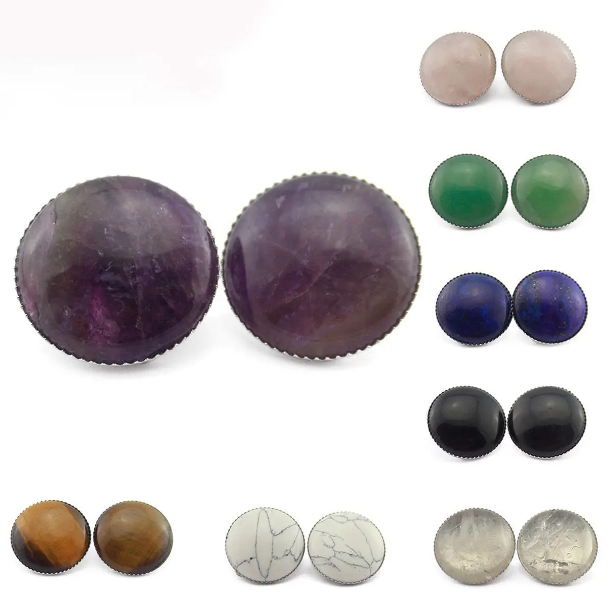 Fashion Round Stone Natural Gemstone Crystal Ear Clip Earrings For Women Jewelry
