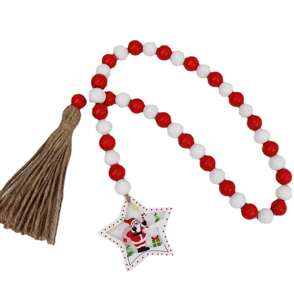 Christmas Decoration Wooden Bead Garland With Tassel Rustic Decor Round Painted Wooden Beads