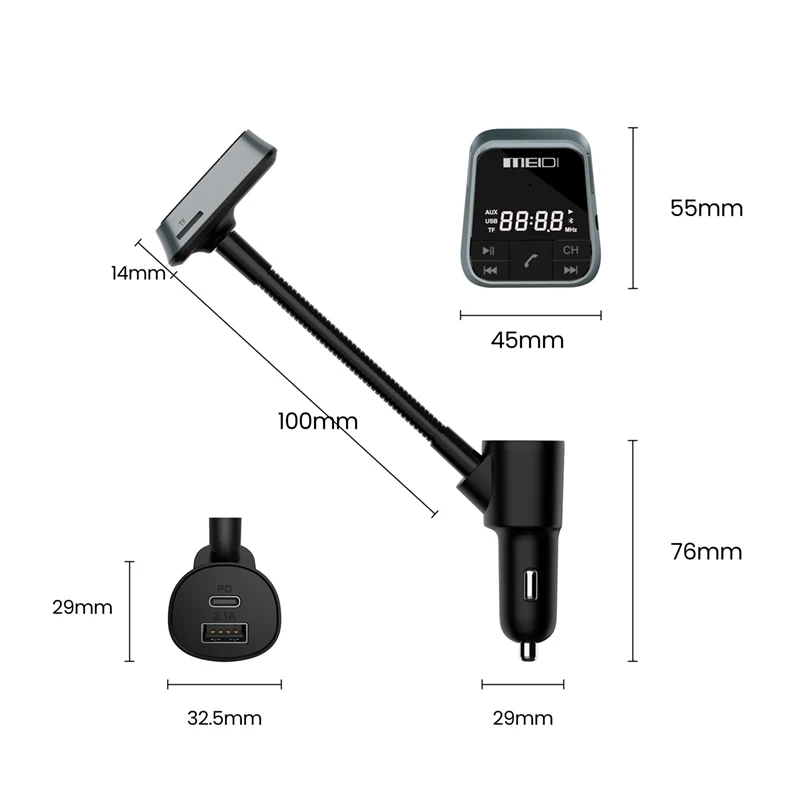 New Design Dual USB Ports Type-C Fast Car Charging Flexible Goose Neck Wireless Car Bluetooth FM Transmitter Handsfree