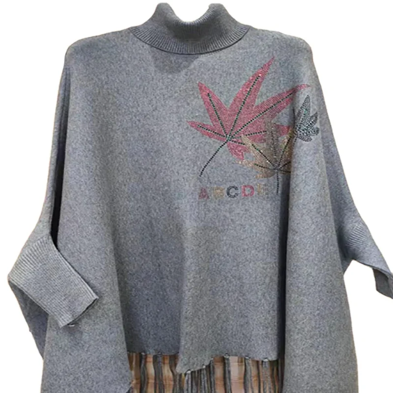 Gray Big Size Batwing Sleeve Blouse Women Pullover Long Knit Fringe High Neck Pullover Poncho Cape Batwing Knit Sweater