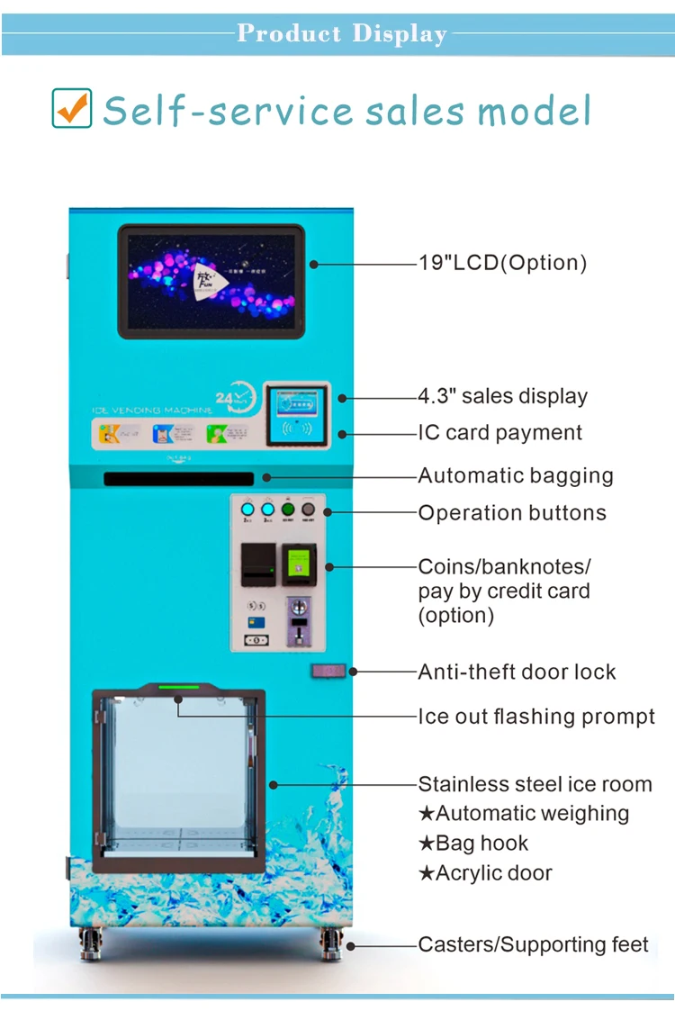 Coin operated Ice cube and water vending machine with Automatic bagging