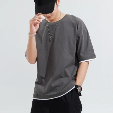High Quality Cotton Blank T shirt  Oversize Men Printing Custom T shirt False Two Piece T-Shirt