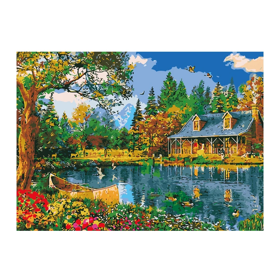 40*50CM Lakeside cabin hand-painted digital DIY digital oil painting