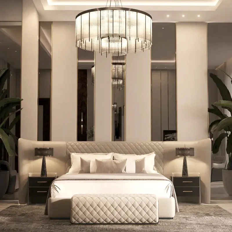 High end villa furnitures luxury velvet fabric large headboard bed set home super king size bed white bedroom furniture
