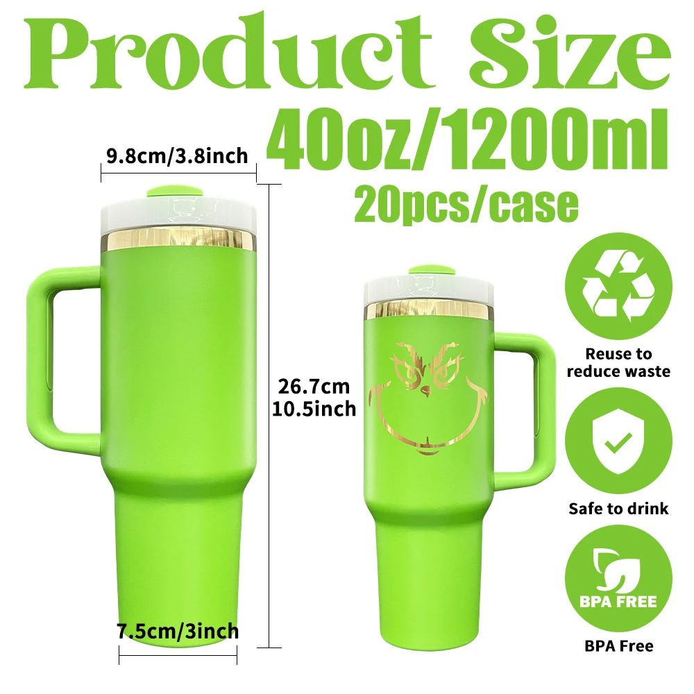 Mirror Gold Underneath Green 40oz Travel Coffee Mugs with Handle Christmas Gifts Powder Coated Bottle for Laser Engraved