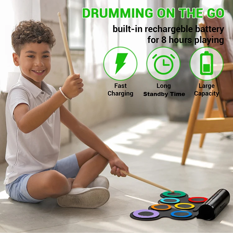 Colorful Music Toy Drum Portable Roll Up Electronic Drum Pad In Built Speaker Percussion Mat
