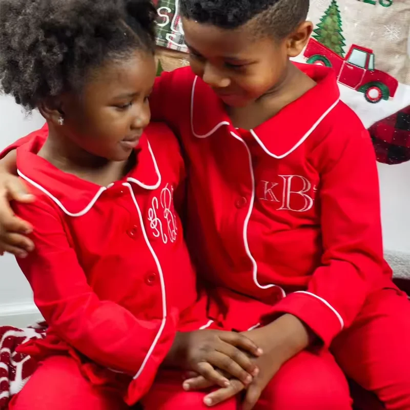 Xmas sibling matching pan collar pajamas little girl ruffle night dress kids boy girl green cotton holiday pajama Children pjs
