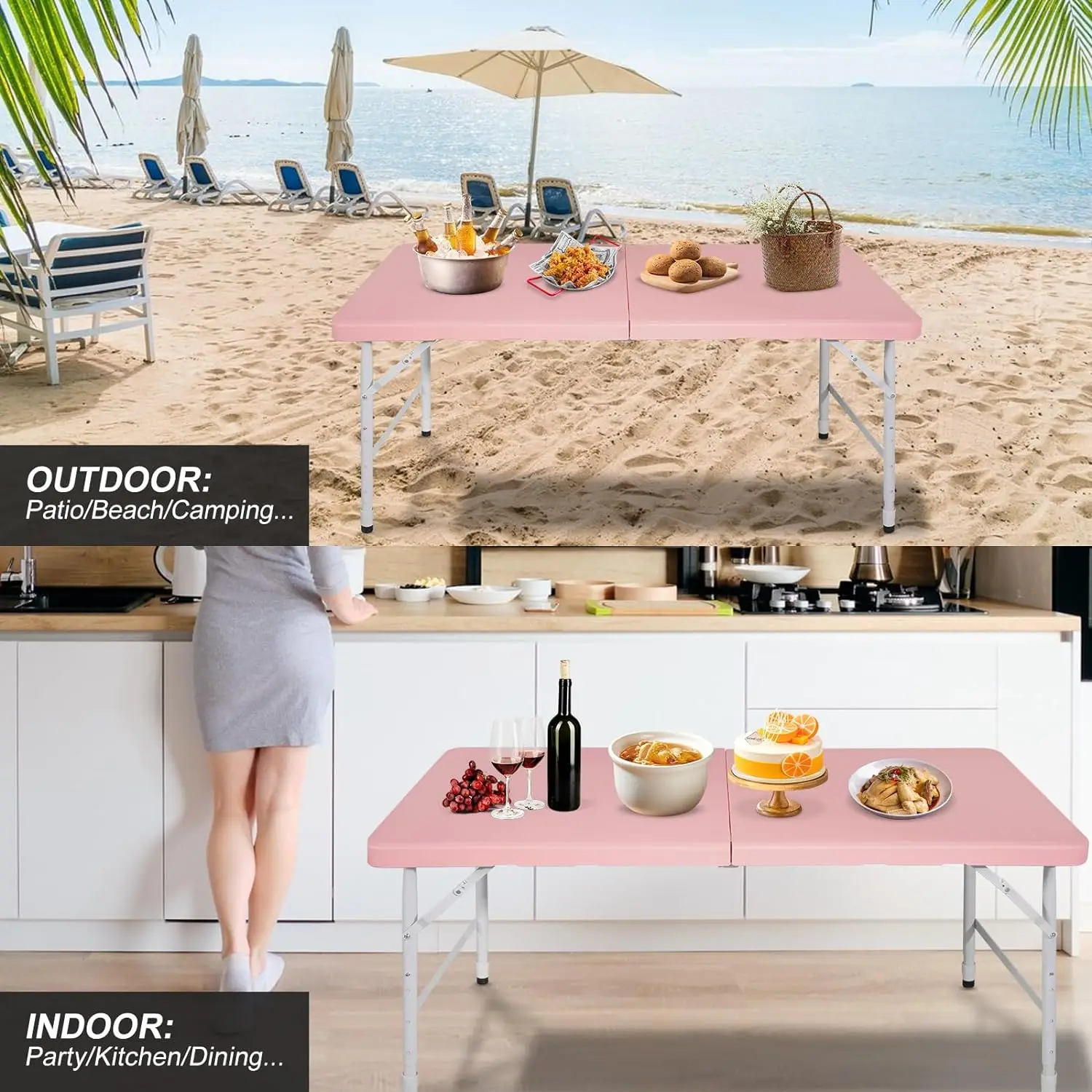 IUNNDS 4FT 6FT 8FT Folding Picnic Table Portable Pink Color Fold-in-Half Plastic Garden Dining Picnic Party Table