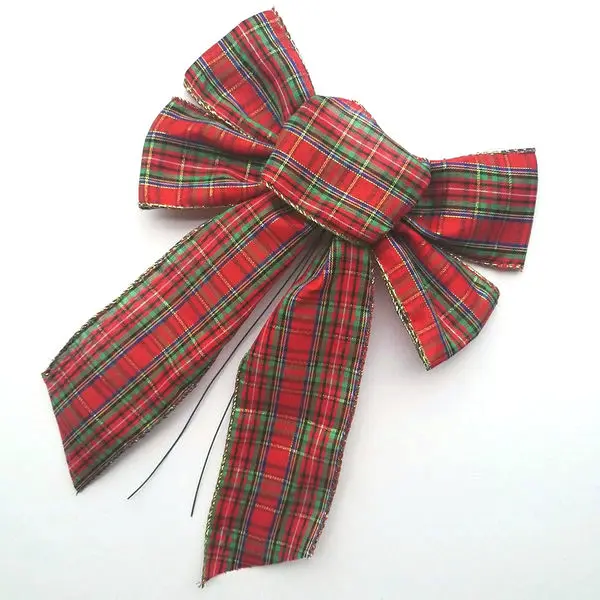 Christmas Holiday Party Birthday Wedding Tree Decorative Polyester Gold Wired Edge Red Green Plaid Gift Ribbon Bow