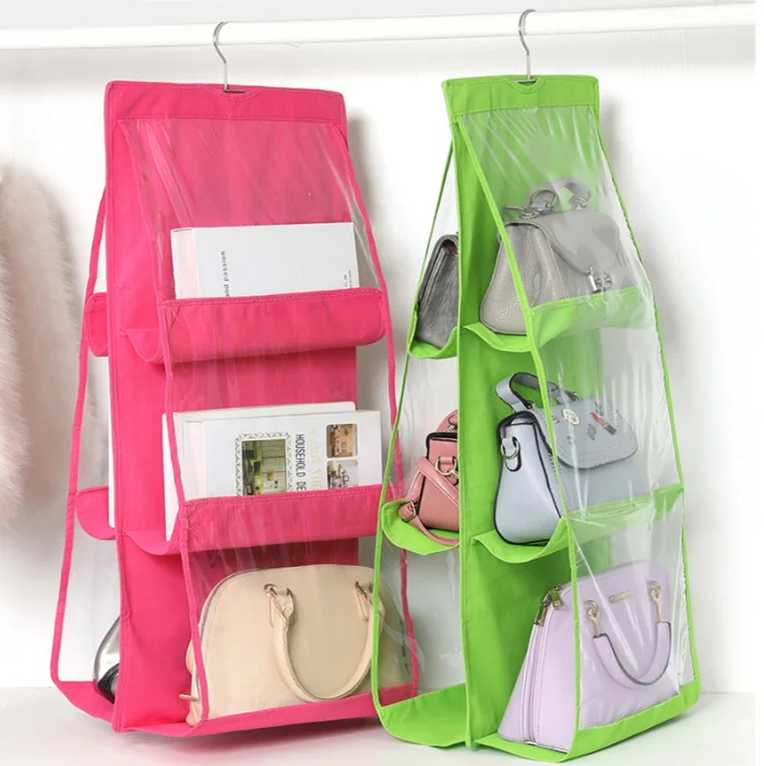 Hot selling 6Pocket Hanging Handbag Organizer for Wardrobe Closet Transparent Storage Bag Double-sided Handbag storage organizer