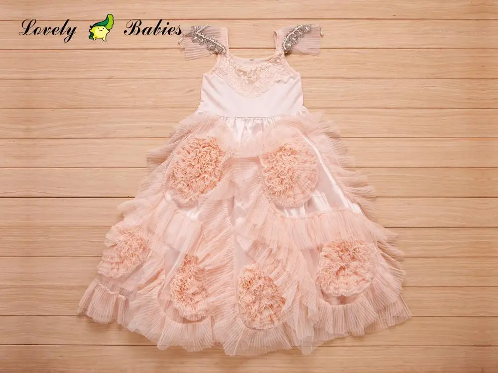 Best Pink Embroidery Lace Party Wedding Dress For Girl With Long Sleeves lace flower special evening wedding dress