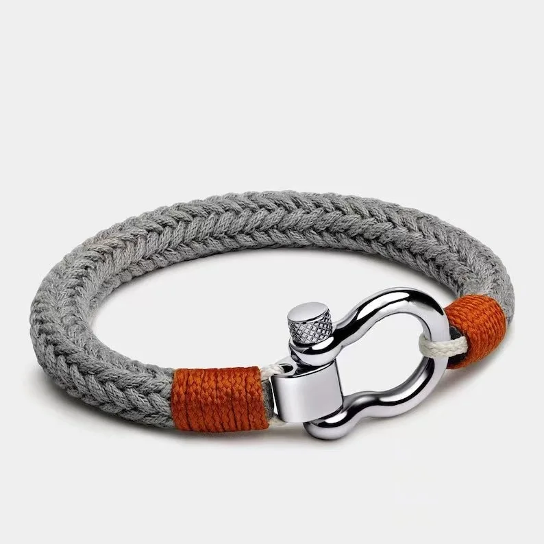 Minimalist 8mm Thick Gray Nylon Rope Knitting Wrap Bracelet Customize Logo Stainless Steel Screw Anchor Shackle Bracelets Men