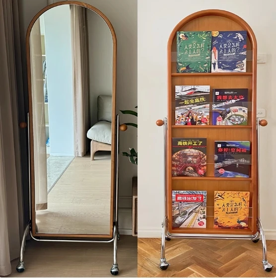 Modern Designer MDF Mirror with Antique Magazine Rack Full-Length Movable Multifunctional Newspaper Stand for Dressing Wall Use