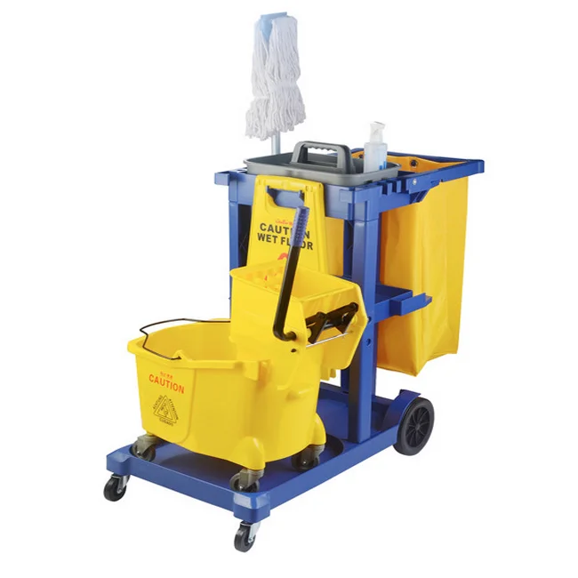 houskeeping multi purpose plastic  cleaning janitor  trolley  cart with cover and mop