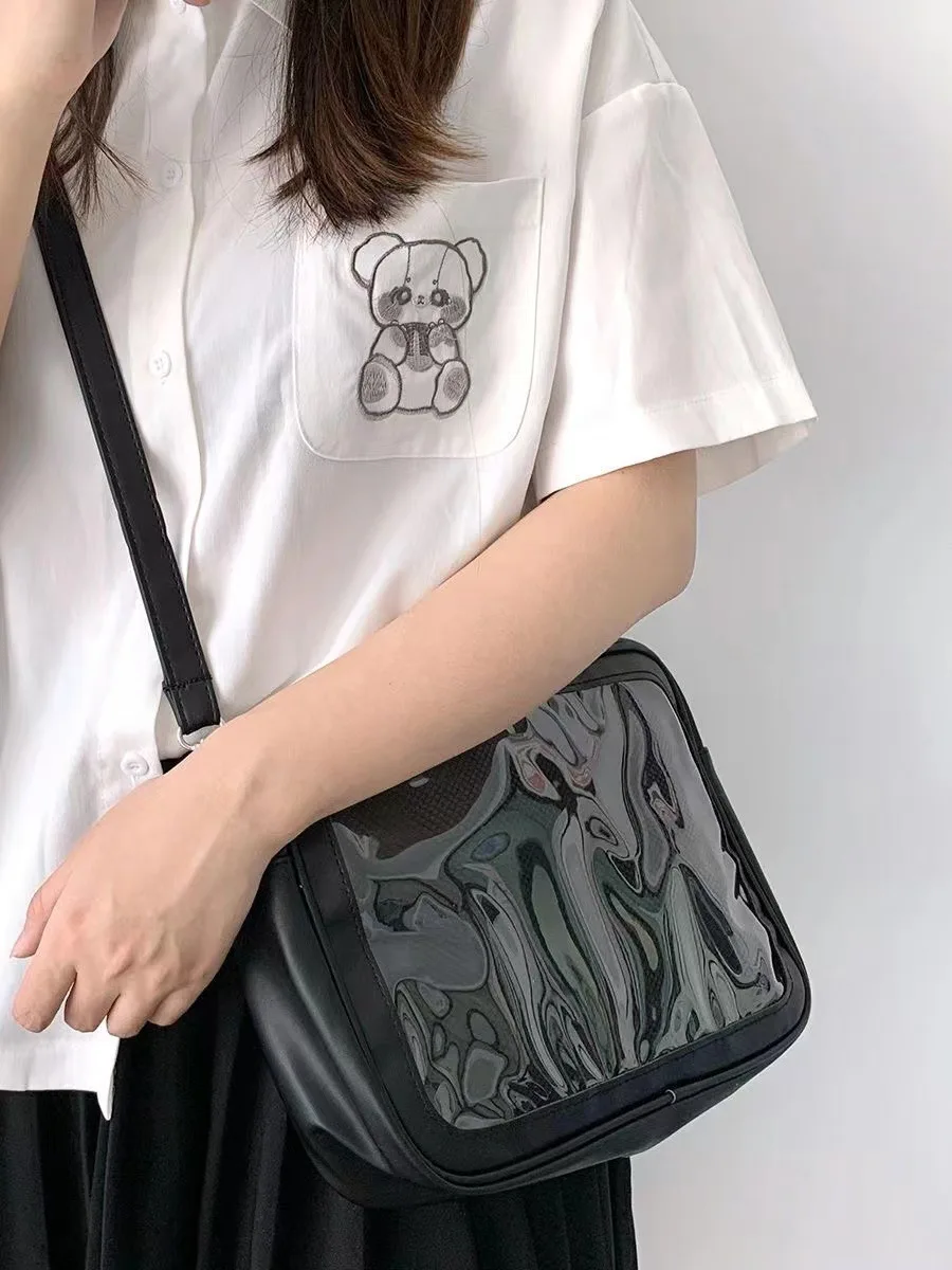 Custom Japanese Lolita Style PU Leather Pin Display Crossbody Shoulder Bag Girl Teenage Lovely Ita Bag With Clear PVC Window
