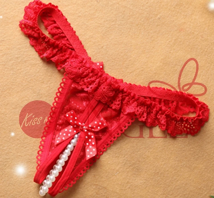 KISS ME ANGEL sexy women glamorous boudoir lover underwear seductive pearl open thong bow T pants