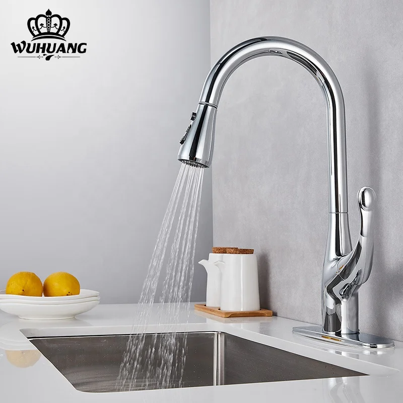 Wuhuang  modern Style Pull Out kitchen taps High Arc Spout Deck Mount Stainless Steel Kitchen Faucets with Sprayer