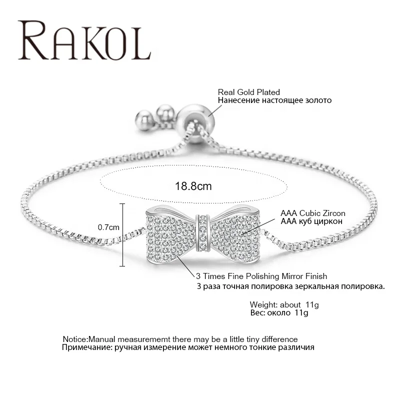 RAKOL BP2034 New Fashion real 18k gold plated AAA zircon bowknot bridal wedding charm bracelet jewelry for women free shipping