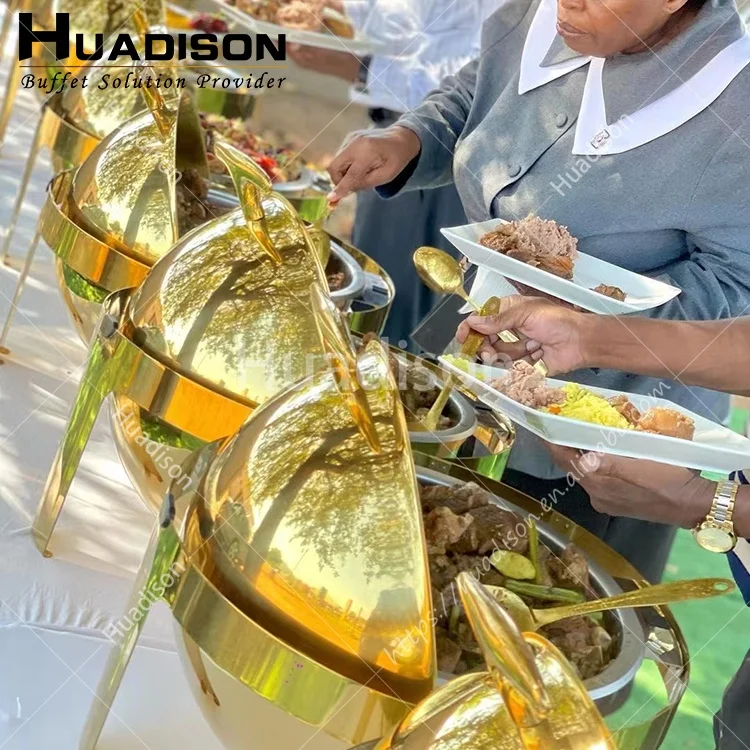 Huadison restaurant hotel roll top design chafing dish buffet gold display equipment food warmer chefing dish set