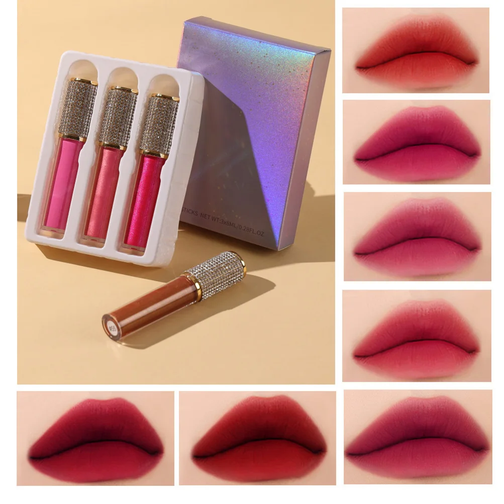 Diamond Lipgloss Kits 3 Pcs Liquid Lipstick Gift Set Private Label Matte Lip Gloss Bulk Wholesale Makeup Kit Long