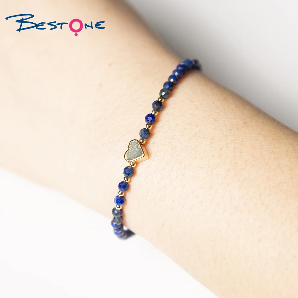 Bestone Small Natural Gemstone Beads Bracelet Gold Heart Charm Bracelet for Women Crystal Hematite Stone Beads Bracelet