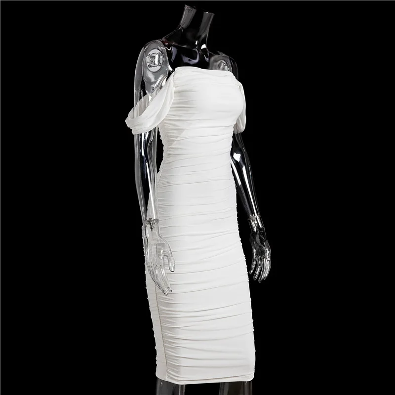 
2021New Arrival High Quality Women off shoulder summer white solid color mesh prom evening dresses for ladies 