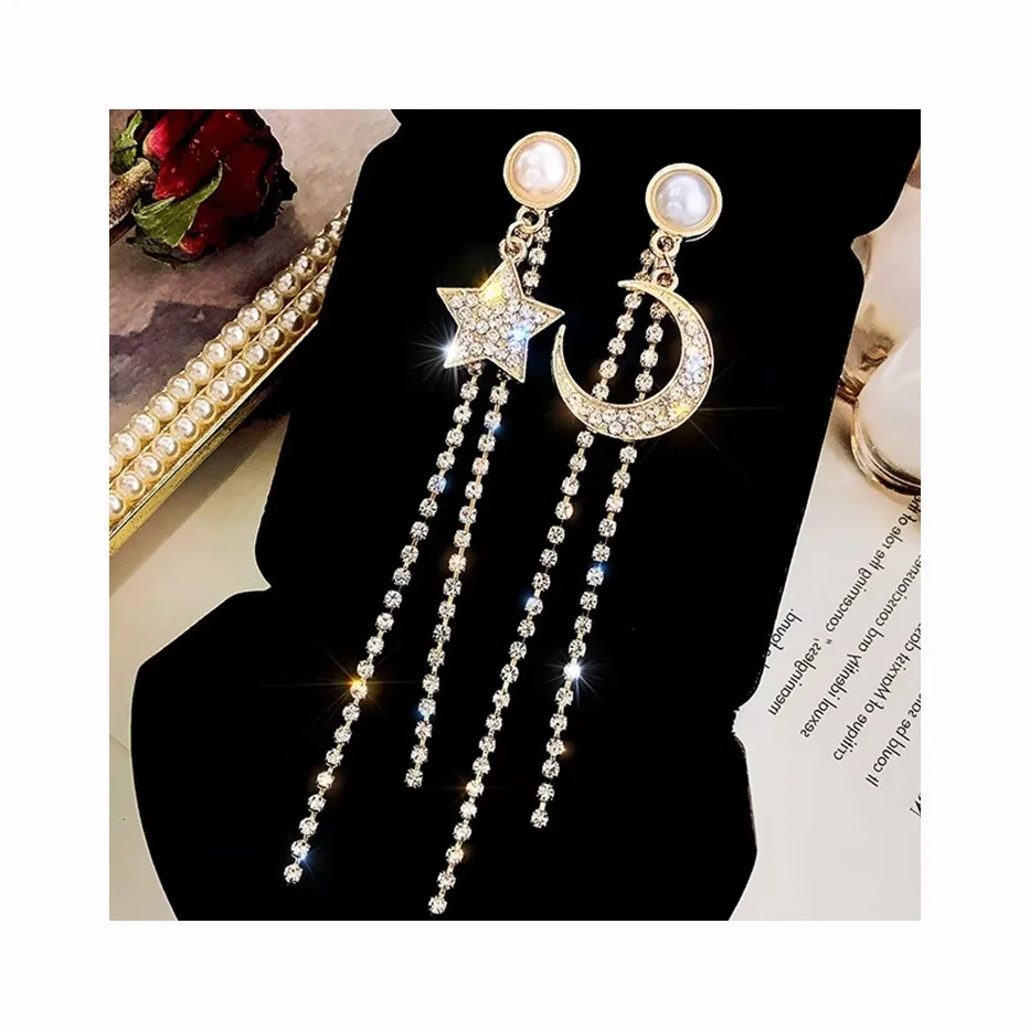 Silver Needle Rhinestone Star Moon Fringe Long Stud Earrings Korean Temperament Personality Fashion Dangle Earrings Net Red
